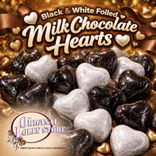 Load image into Gallery viewer, Black & White Foiled Milk Chocolate Hearts