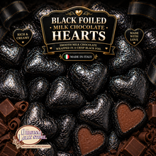 Load image into Gallery viewer, Black Foiled Milk Chocolate Hearts
