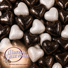 Load image into Gallery viewer, Black &amp; White Foiled Milk Chocolate Hearts
